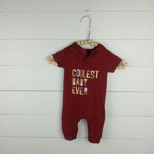 Cat & Jack boys size 0-3 mos coolest baby ever hooded romper burgundy letters